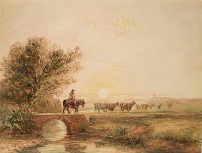 A Mounted Drover with Cattle Crossing a Bridge at Sunset by David Cox